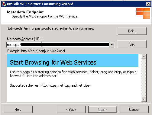 BizTalk Server WCF Service Wizard mex net tcp