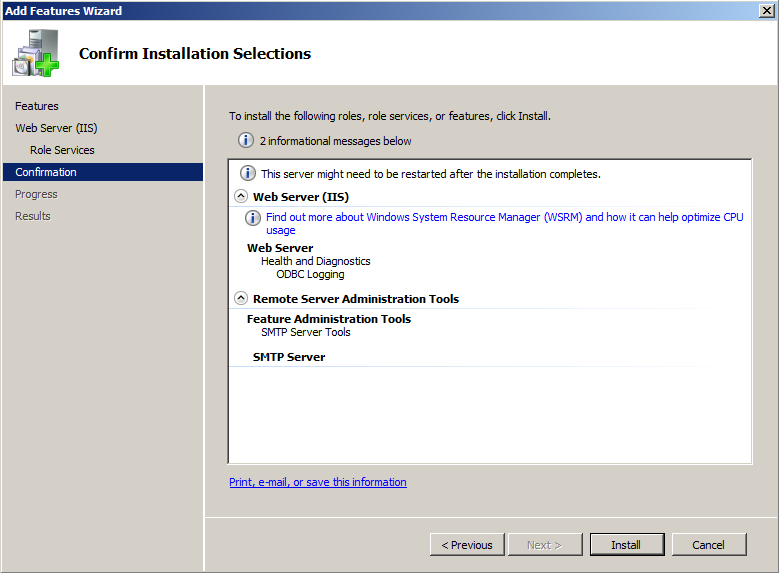install smtp Confirm Installation Selections