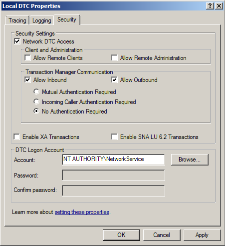 Distributed Transaction Coordinator Security tab