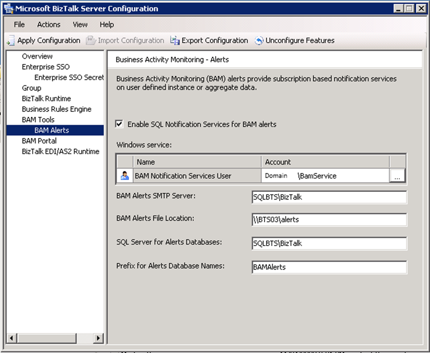 BizTalk Custom configuration BAM Alerts tab screen
