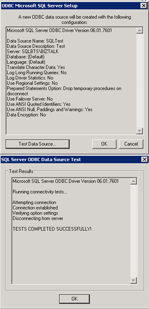 Create ODBC Data SQL Server Testing