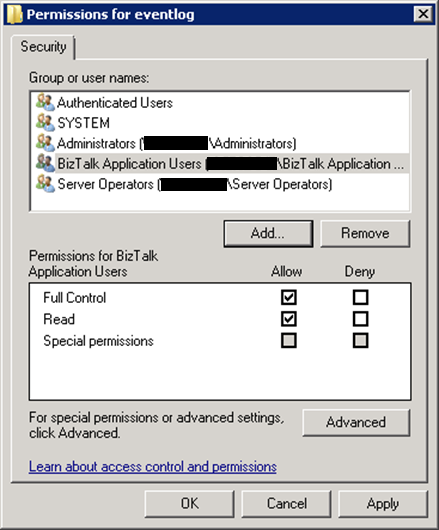 event viewer permissions options