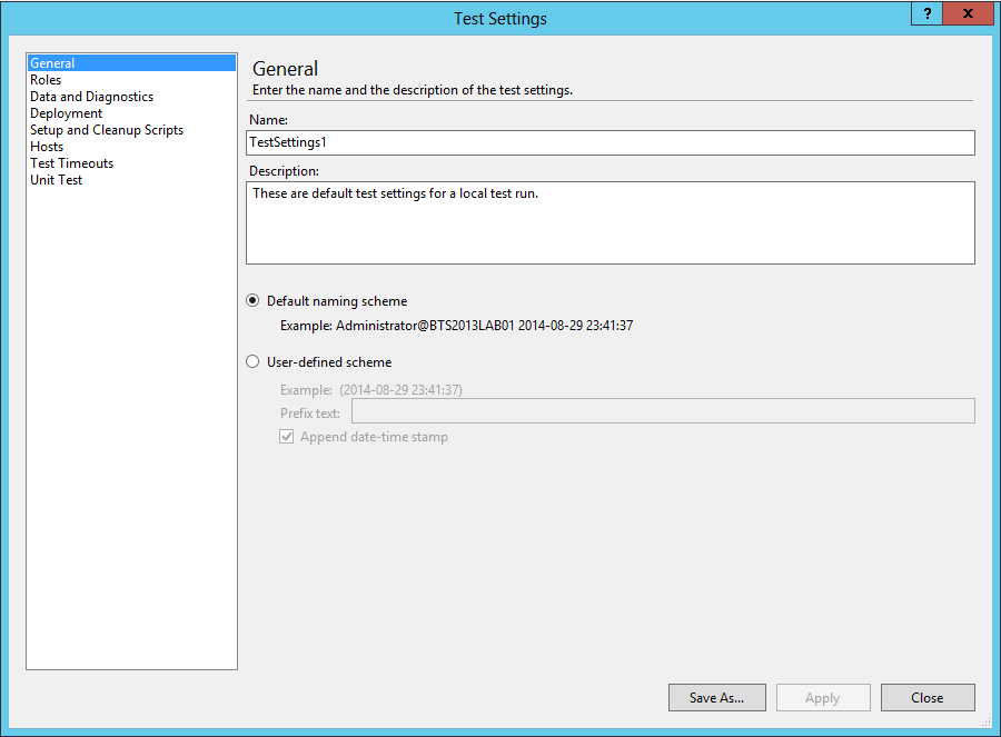 Visual Studio 2012 Test Settings Window