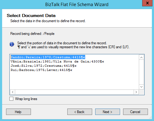 BizTalk Flat-File Schema Wizard Select Document Data Page