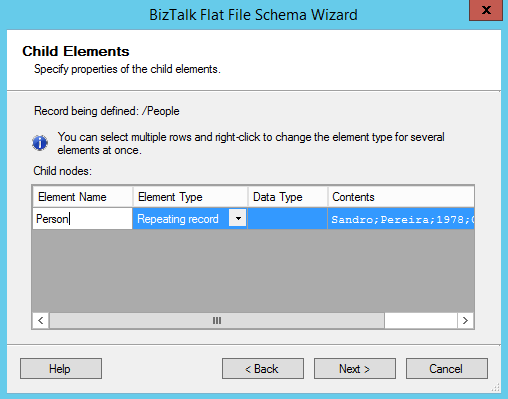 BizTalk Flat-File Schema Wizard Child Elements Page