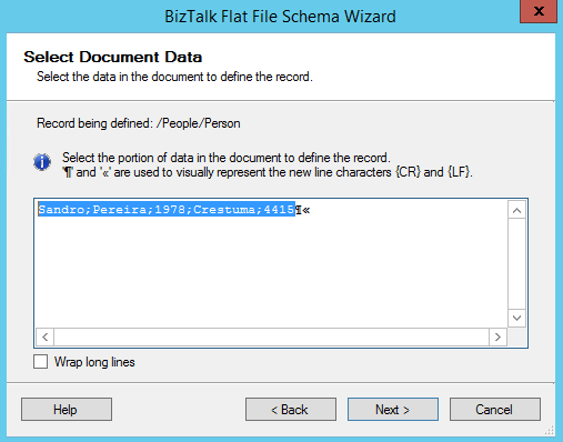 BizTalk Flat-File Schema Wizard Select Document Data Page line select