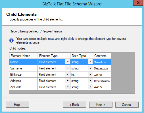BizTalk Flat-File Schema Wizard Child Elements Page line