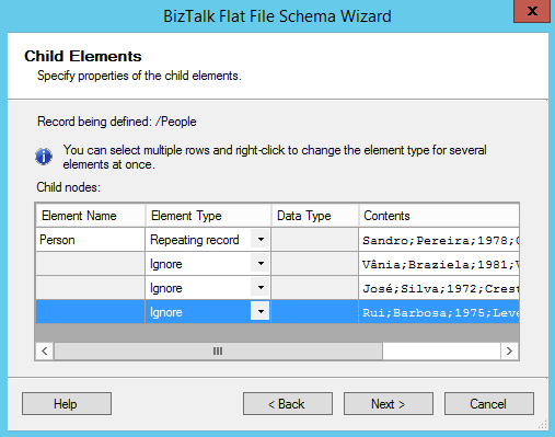 BizTalk Flat-File Schema Wizard Child Elements Page option 2