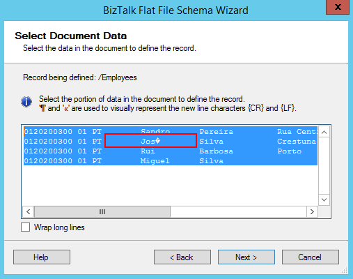 BizTalk Flat-File Schema Wizard Document Data positional