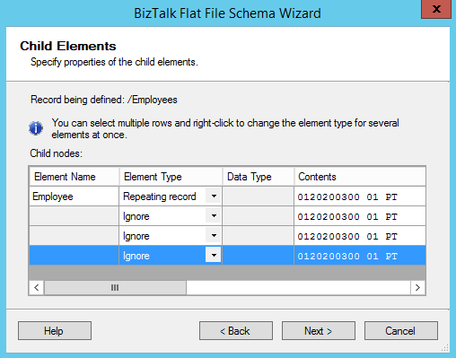 BizTalk Flat-File Schema Wizard Child Elements positional