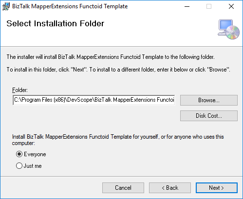BizTalk Server 2016 MapperExtensions Functoid Wizard Installation folder Screen