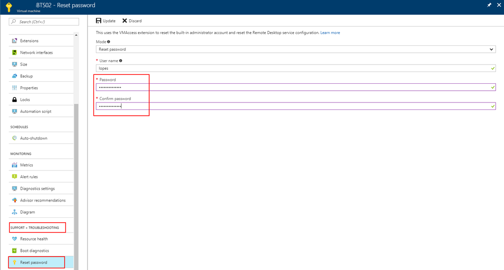 Reset the built-in administrator account password: Azure Portal BizTalk VM