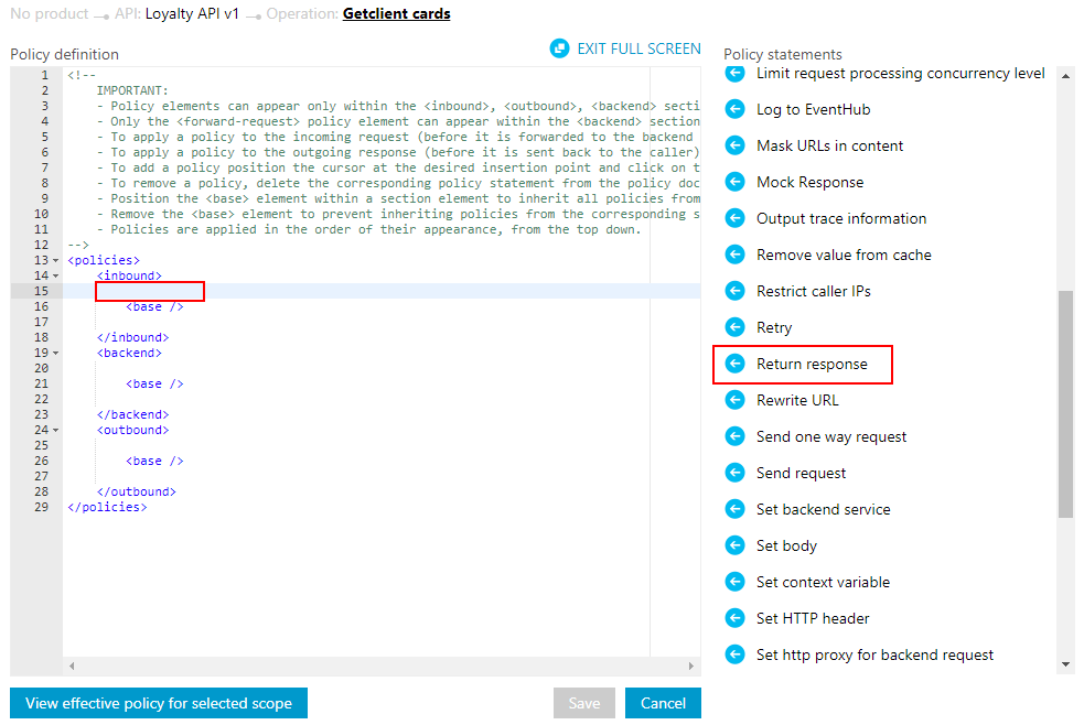 mock responses in API Management: Publisher Portal add return response policy
