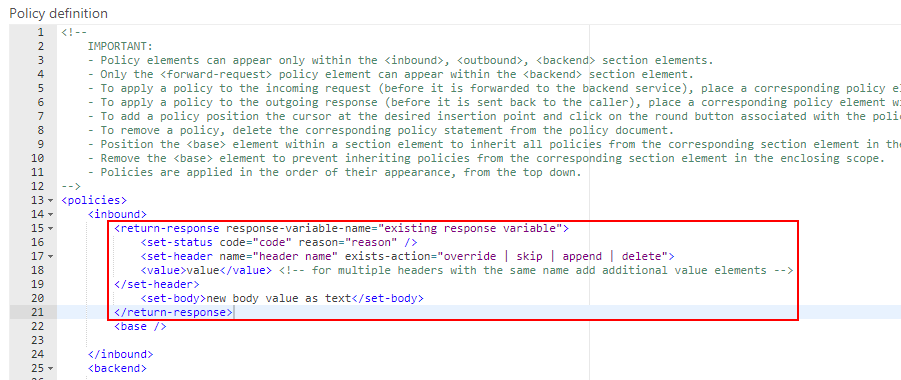 mock responses in API Management: return-response policy template