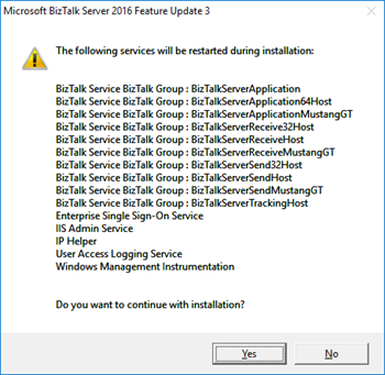 BizTalk Server 2016 Feature Pack 3: services to be restarted information screen