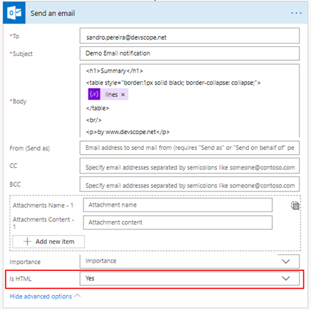 Office 365 Outlook connector Send an email action shape