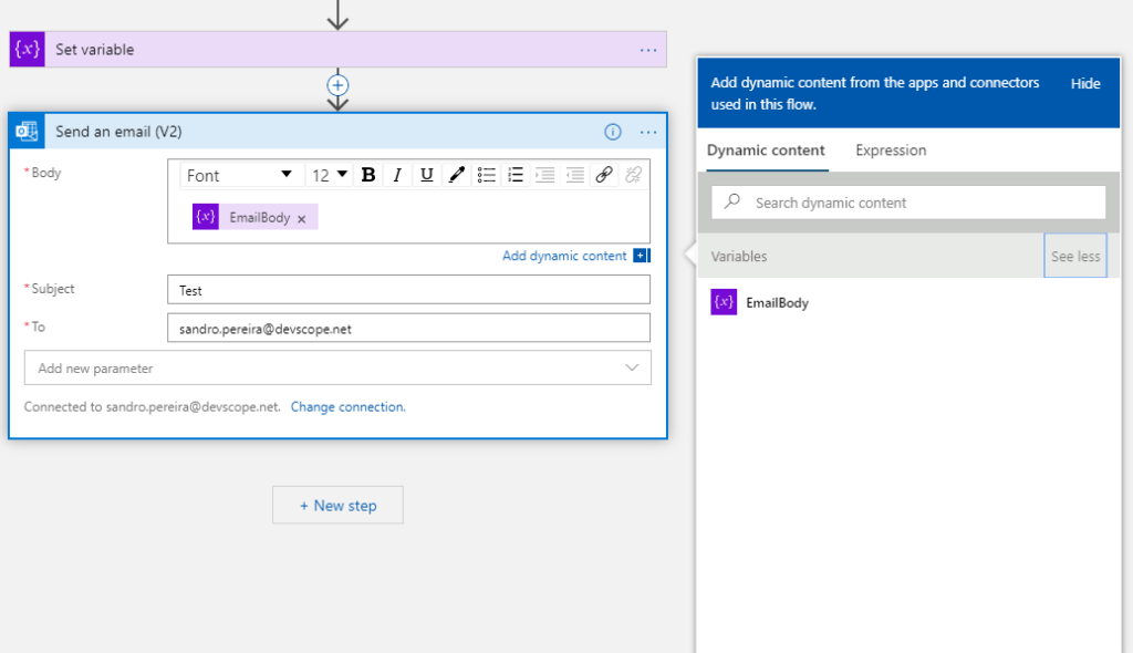 set body property variable on Office 365 Outlook connector Send an email V2 action