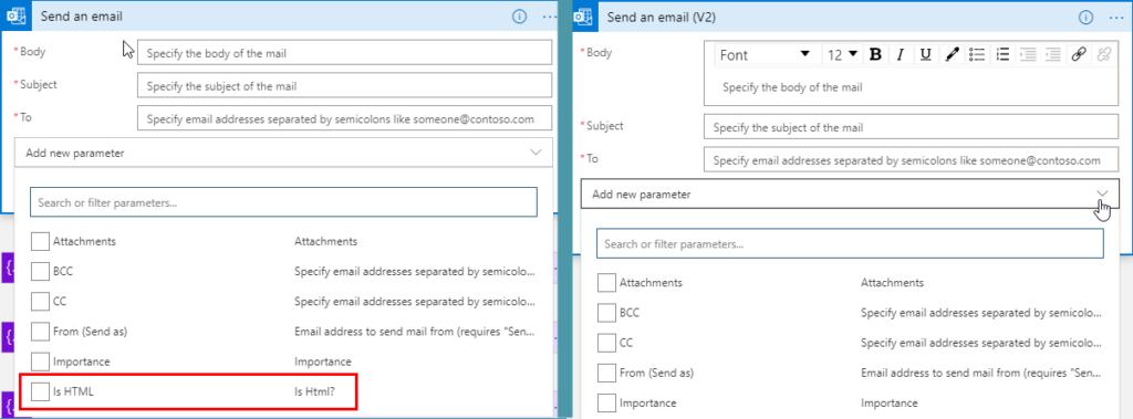 Office 365 Outlook connector Send an email comparetion between versions