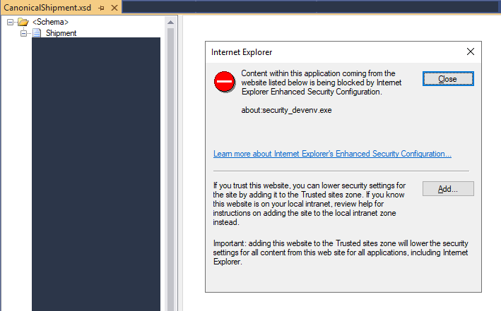 BizTalk Server Schema Editor getting blocked by Internet Explorer Enhanced Security Configuration